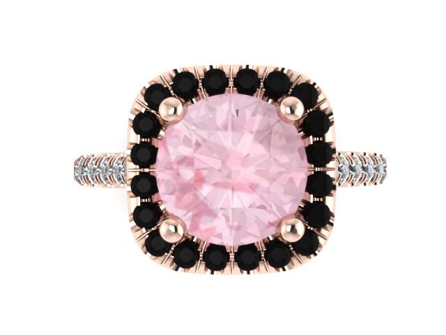 Halo Schwarz Diamant Verlobungsring Morganit Ehering 14K Rose Gold Mit 8mm Runde Pfirsich Rosa Ctr - V1090 Halo Schwarz Diamant Verlobungsring Morganit Ehering 14K Rose Gold Mit 8mm Runde Pfirsich Rosa Ctr - V1090 von JewelryArtworkByVick