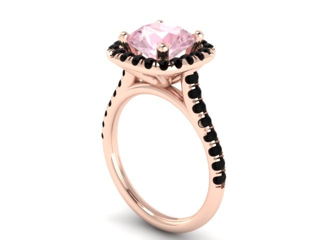 Halo Schwarz Diamant Verlobungsring Morganit Ehering 14K Rose Gold Mit 8mm Runde Pfirsich Rosa Zentrum - V1090 von JewelryArtworkByVick