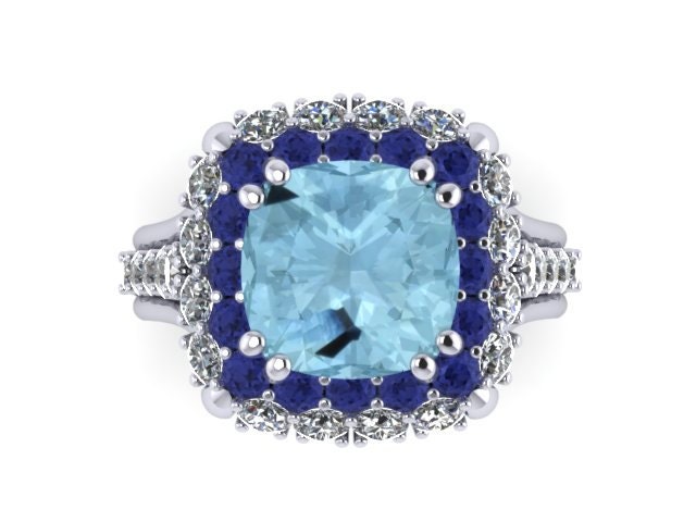 Kissen Geschnitten Aquamarin Verlobungsring Diamant Hochzeit Ring Blau Saphir 14K Weißgold März Birthstone Einzigartige Verlobung - V1096 von JewelryArtworkByVick