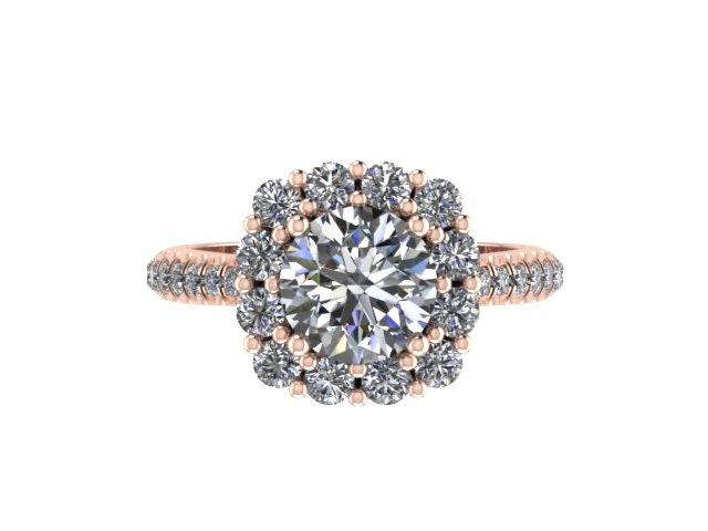 Moissanite Diamant Halo Verlobungsring 14K Rose Gold Mit 6, 5 Mm Runde Für Immer Einen Charles & Colvard Center Einzigartige Ring - V1071 von JewelryArtworkByVick