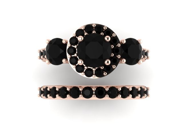Natürliche Schwarze Halo Diamant Drei-stein-Verlobungsring Mit Einem Schwarzen Passende Band 14K Rose Gold Braut Set Damen Schmuck -V1119 Natürliche Schwarze Halo Diamant Drei-stein-Verlobungsring Mit Einem Schwarzen Passende Band 14K Rose Gold Braut Set Damen Schmuck -V1119 von JewelryArtworkByVick