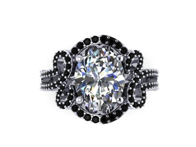 Ovale Moissanite Verlobungsring Schwarz Diamant Ring 14K Weißgold Charles & Colvard Für Immer Ein Moissanitring - V1102 von JewelryArtworkByVick