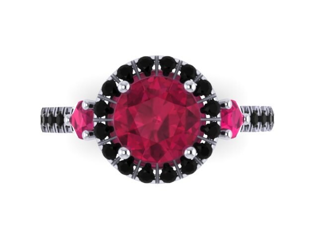 Rote Rubin Verlobungsring Schwarz Diamant Ehering 14K Weißgold Mit 6, 5 Mm Runde Rot Zentrum Edelstein Ring - V1023M von JewelryArtworkByVick