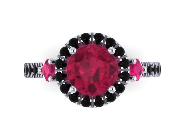 Rote Rubin Verlobungsring Schwarz Diamant Ehering 14K Weißgold Mit 6, 5 Mm Runde Rot Zentrum Edelstein Ring - V1023M von JewelryArtworkByVick