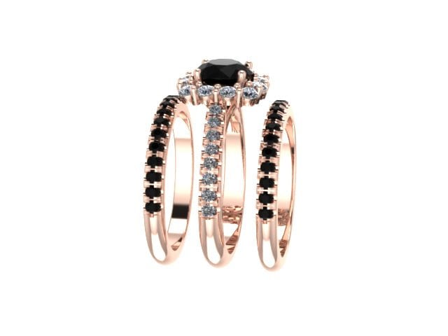 Schwarz Weiß Diamant Halo Verlobungsring W/Zwei Passende Bänder 14K Rose Gold Mit 6, 5 Mm Runde Schwarz Zentrum Einzigartige Braut Set - V1071 Schwarz Weiß Diamant Halo Verlobungsring W/Zwei Passende Bänder 14K Rose Gold Mit 6, 5 Mm Runde Schwarz Zentrum Einzigartige Braut Set - V1071 von JewelryArtworkByVick