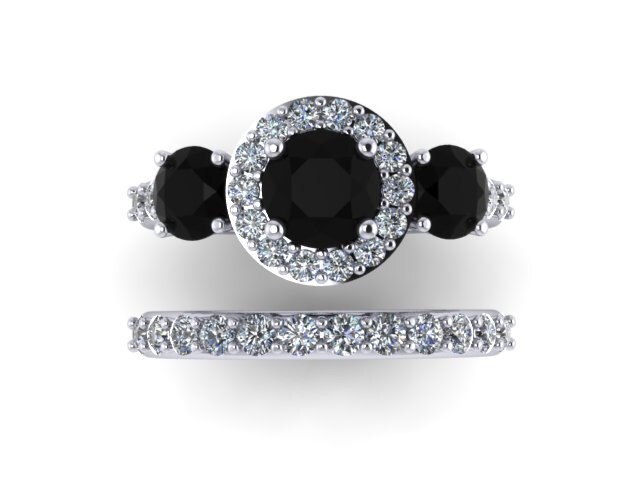Schwarzer Diamant Verlobungsring Mit Einem Weißen Passende Band 14K Weißgold Braut Set Halo Ring Valentinstag Geschenk - V1119 von JewelryArtworkByVick