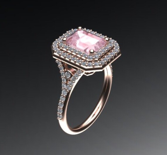Verlobungsring Doppel Halo Morganit Ehering 14K Rose Gold Mit 8 X 6 Radiant Geschnitten Pfirsich Rosa Zentrum Feinen Schmuck - V1061 Verlobungsring Doppel Halo Morganit Ehering 14K Rose Gold Mit 8 X 6 Radiant Geschnitten Pfirsich Rosa Zentrum Feinen Schmuck - V1061 von JewelryArtworkByVick