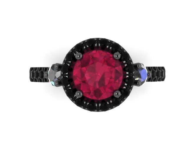 Verlobungsring Schwarz Diamant Rot Rubin Ehering 14K Gold Mit 6, 5mm Rund Mitte - V1023M von JewelryArtworkByVick