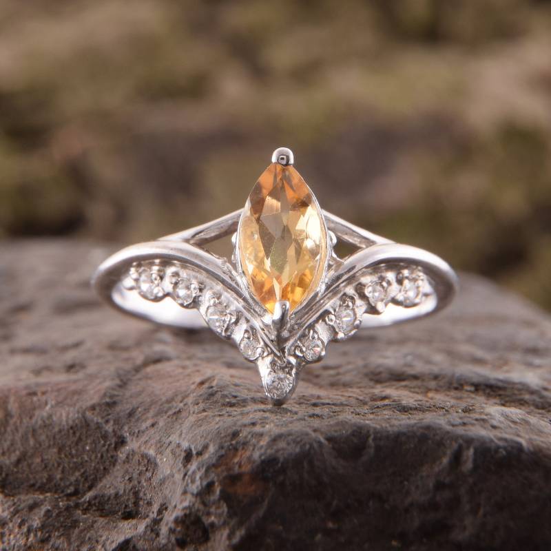 Citrin Silberring, Silberring Art Deco, Antik-stil Ring, Versprechen Ring Für Sie, Solitärring, Frauenring Silber, Feiner Frauenring, Marquise von JewelryAsteria