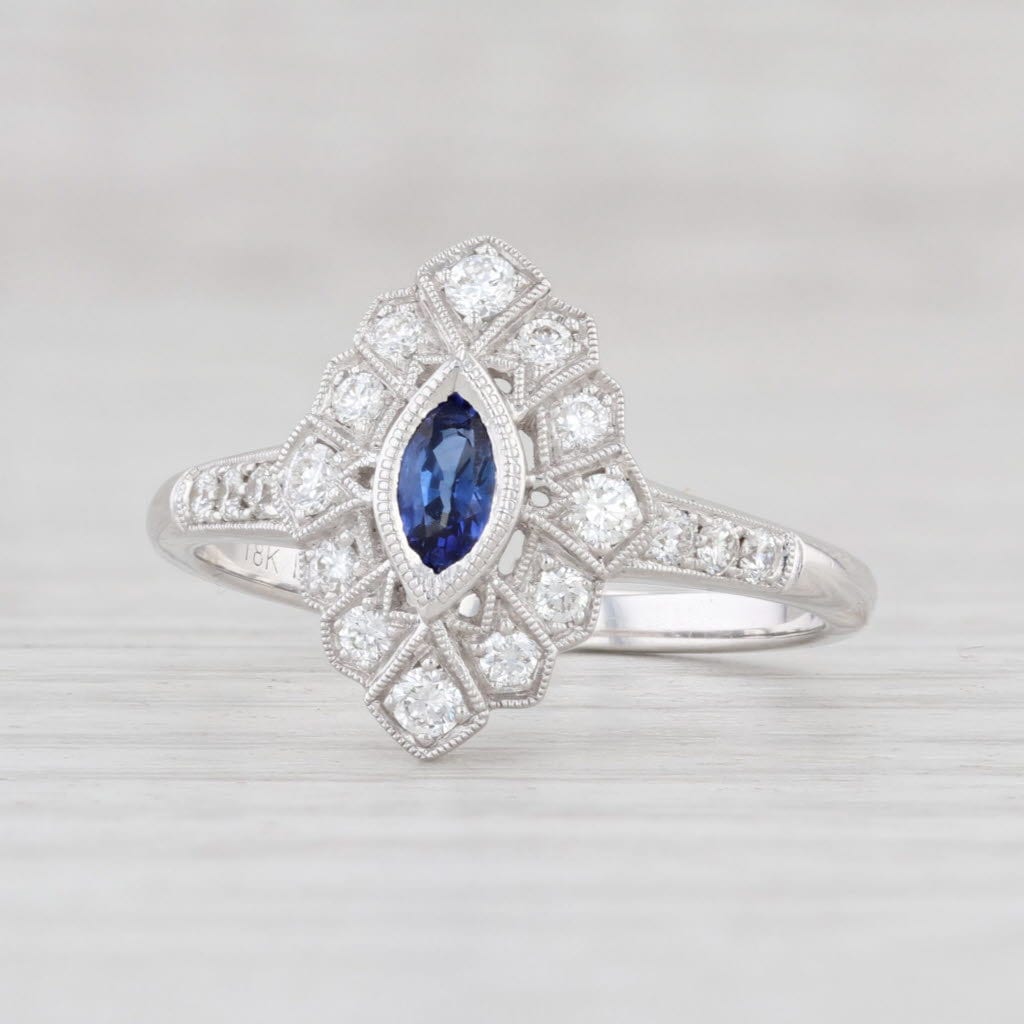 Neuer 0.60Ctw Blauer Saphir Diamant Halo Ring 750 Weißgold Größe 6.75 Verlobung von JewelryAuthority