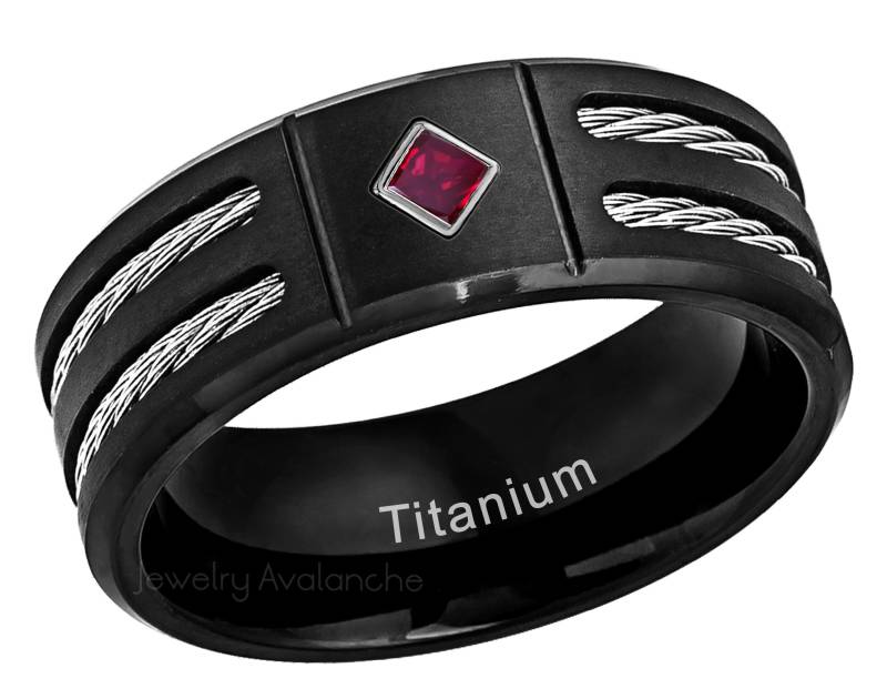 0.05Ct - 0.10Ctw Princess Cut Rubin Titanring, Doppelkabel Akzent Schwarz Titan Ehering, Jubiläumsring Für Herren Tm553 von JewelryAvalanche