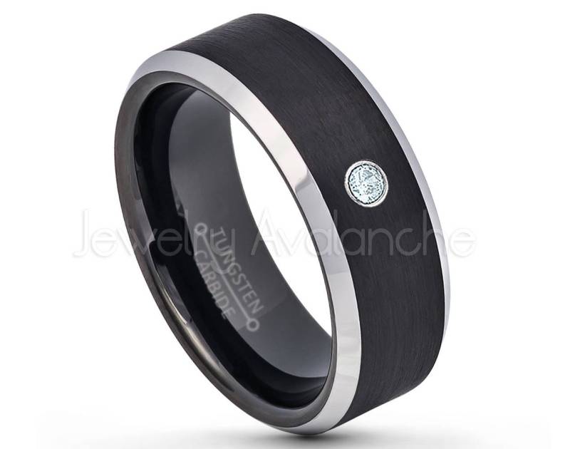 2-Ton Schwarzer Wolframring 0, 07 Karat Aquamarin Herrenring, Herrenring März Geburtsstein Ring Abgeschrägte Kante Comfort Fit Wolfram Ehering von JewelryAvalanche