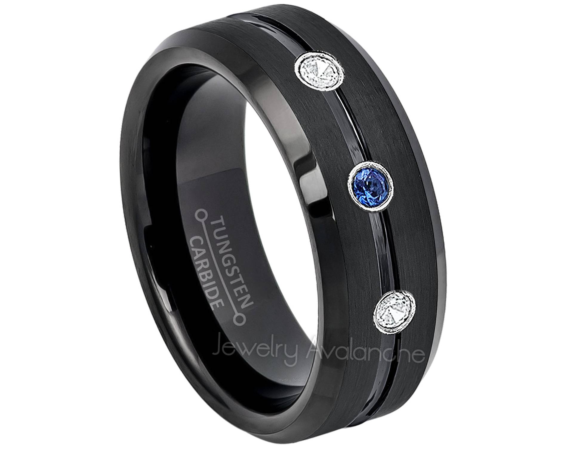 3-stein Edelstein & Diamant Wolframring, 8 Mm Abgeschrägte Kante Schwarz Ip Gerilltes Zentrum Wolfram Ehering, Comfort Fit Wolframring Tn211Bs von JewelryAvalanche