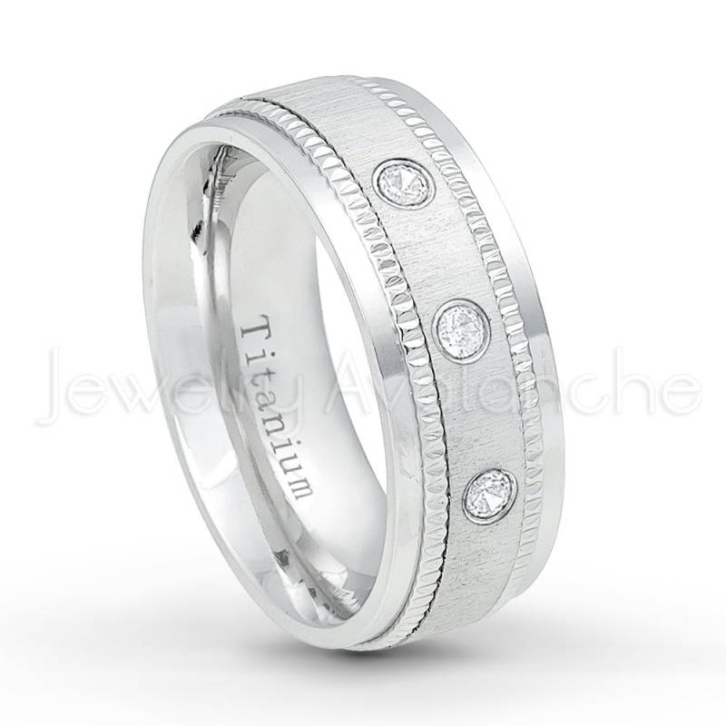 3-stein Titan Ehering, 0, 21 Karat Diamantring, 8 Mm Gebürstete Oberfläche Comfort Fit Milgrain Rand Weißer Titanjubiläumsring von JewelryAvalanche