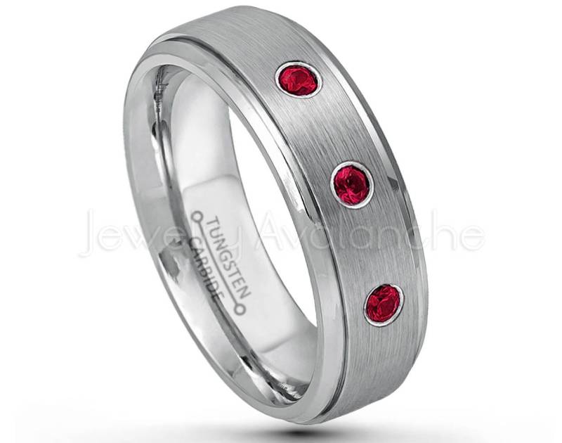 Bauen Sie Ihren Eigenen Geburtsstein Ring - 0.21Ctw 3-stein Edelstein 6 Mm Gebürsteter Wolfram Ehering Edelsteinring Nach Maß Tn008Bs von JewelryAvalanche