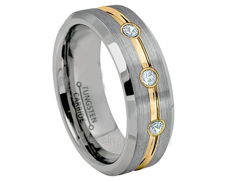 Diamant-Wolframring Mit 3 Steinen, 7 Mm Gebürsteter Wolframkarbid-Ehering Gerillter Mitte, 2-Ton-Komfort-Wolframring Tn131Bs von JewelryAvalanche