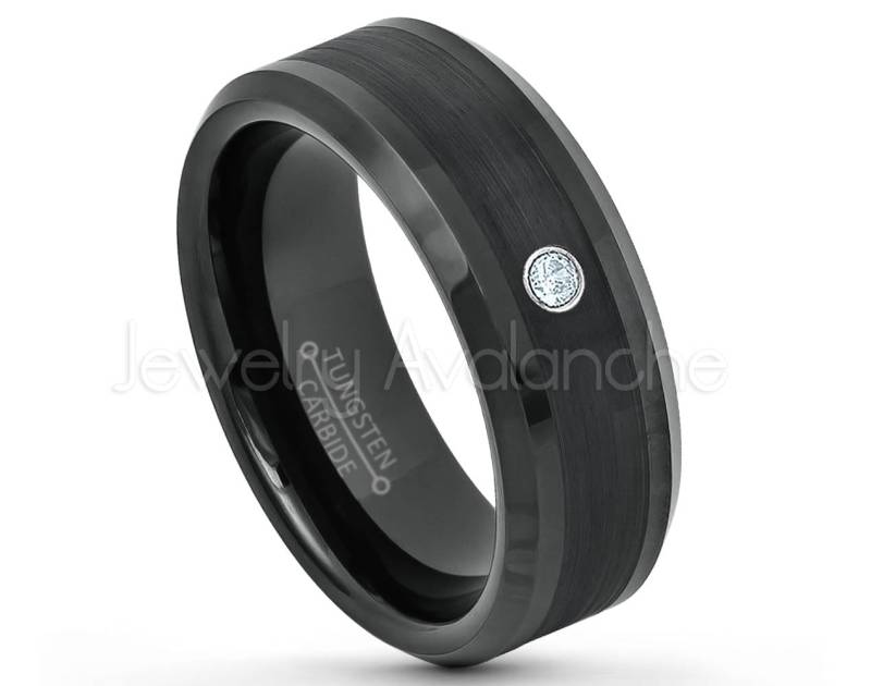 März Geburtsstein Ring, Schwarzer Wolframring Herrenring, Aquamarinring 0, 07Ct, 8 Mm Schwarz Ip Abgeschrägte Kante Comfort Fit Wolfram Ehering von JewelryAvalanche