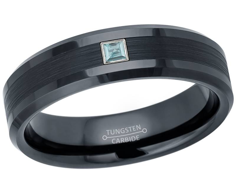 Nach Maß 0.05Ct Princess Cut Aquamarin-Wolframring, Gebürsteter Schwarzer Wolframcarbid-Ehering, 6 Mm Jubiläumsring Tn790Ps von JewelryAvalanche