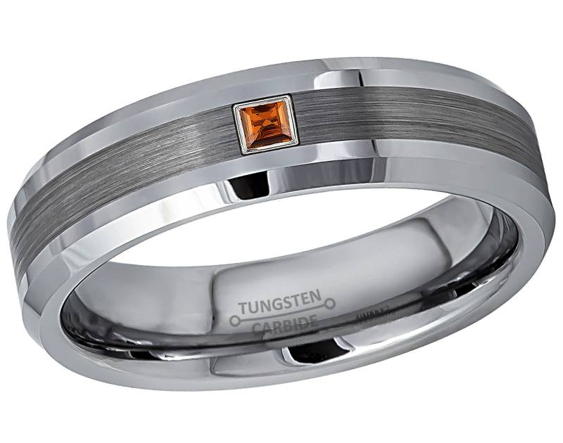 Nach Maß Angefertigter 0, 05Ct Princess Cut Granat Wolframring, Gebürstete Abgeschrägte Kante Wolframcarbid Ehering, 6 Mm Jubiläumsring Tn794Ps von JewelryAvalanche