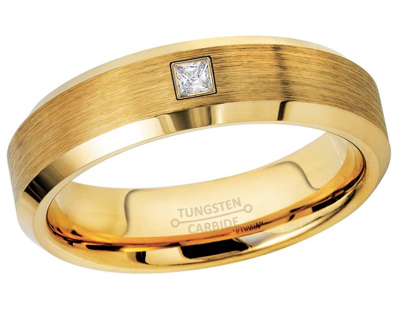 Nach Maß Angefertigter Wolframring Mit Diamanten Im Princess Cut 0.05Ct, Vergoldeter Und 6 Mm Jubiläumsring Aus Gebürstetem Gold Tn747Ps von JewelryAvalanche