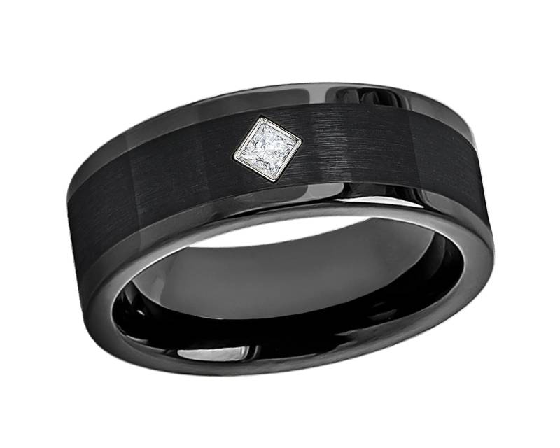 Pfeifenschliff Schwarz Kobalt Ring 0.10Ctw Princess Cut Amethyst Gebürstet Ehering, Herren Jubiläum Band Comfort Fit von JewelryAvalanche