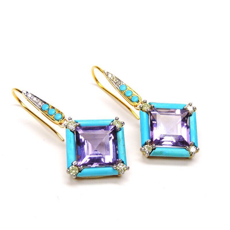 14K Amethyst-Türkis-Diamant-Goldohrring, Februar Geburtstag, Geburtsstein von JewelryBYJuhi