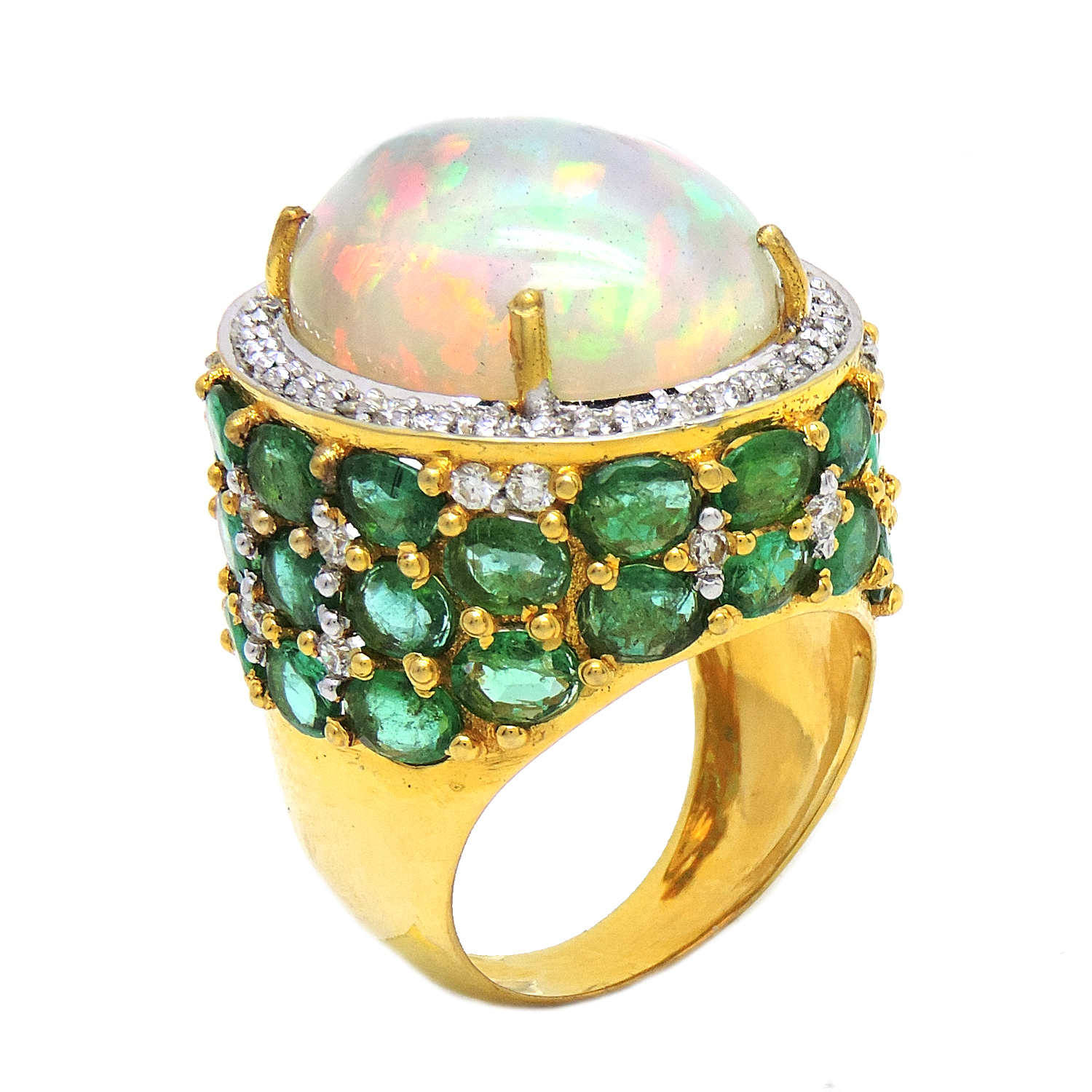 18K Gold 14, 5 Karat Opal Smaragd Diamant Ring, Bijoux D'opale Bague Opale Australienne Opalring Smaragdring Émeraude von JewelryBYJuhi