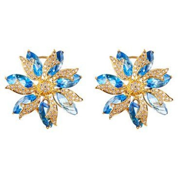 18K Gold Blautopas Diamant Ohrringe, Topas Schmuck, Statement Blaue Ohrringe von JewelryBYJuhi