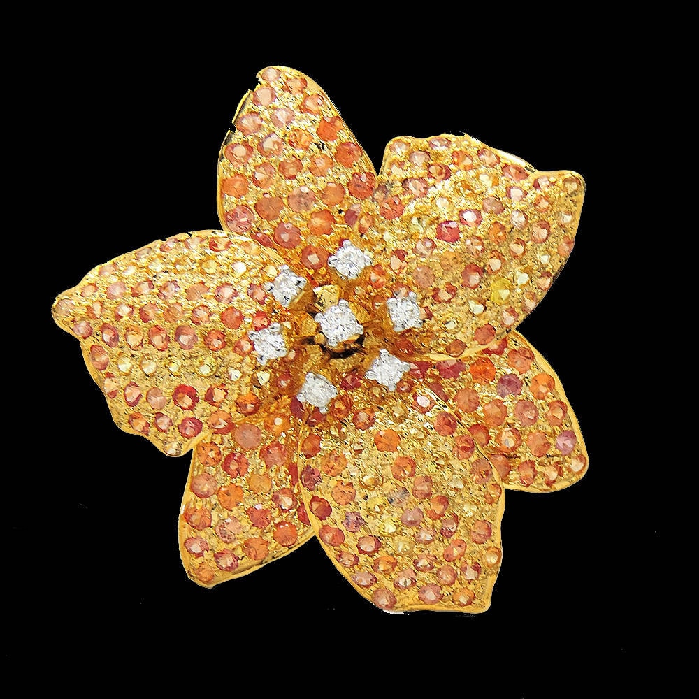 18K Gold Blume Statement-Ring, Großer Diamant Saphir Ring, Rosa Blumenring, Gelber Saphir, Verbrannte Orange von JewelryBYJuhi