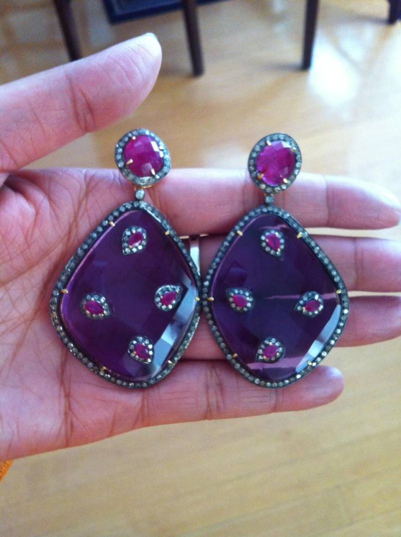 18K Gold Rubin Diamant Ohrring, Lila Amethyst Farbige Onyx Ohrringe, Weihnachtsohrringe, Rote Rosecut Nachlass von JewelryBYJuhi