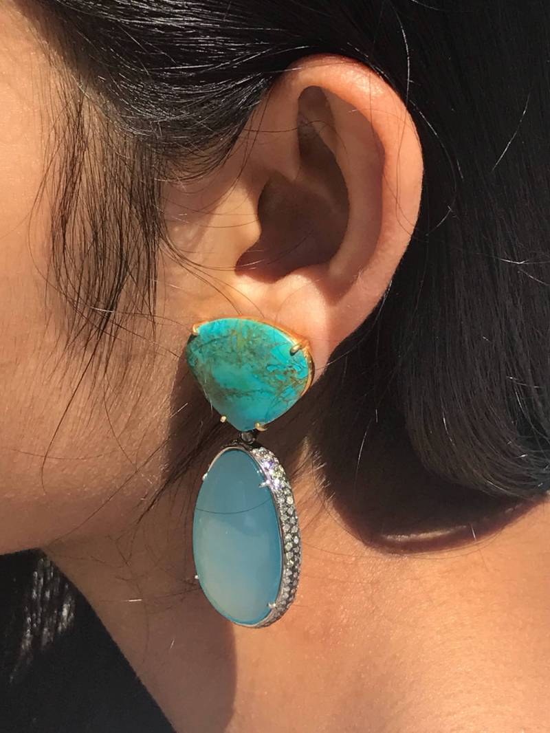 Atemberaubende Reversible Türkis 2, 5 Karat Diamant Onyx Ohrringe Lange Designer von JewelryBYJuhi