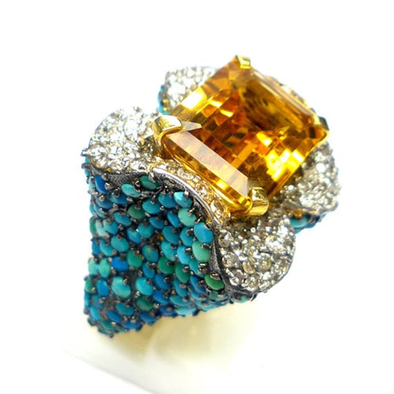 Diamant Türkis Citrin Ring, Schmuck von JewelryBYJuhi