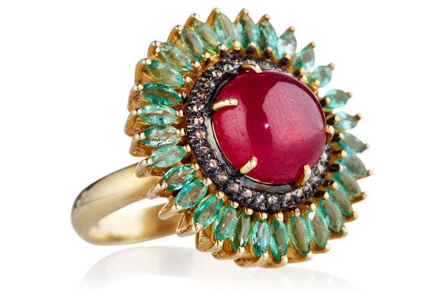 Gold Diamant Smaragd Rubin Ring Mit Sterling Silber, Ring, Single Cut Cocktailring, Weihnachtsschmuck von JewelryBYJuhi