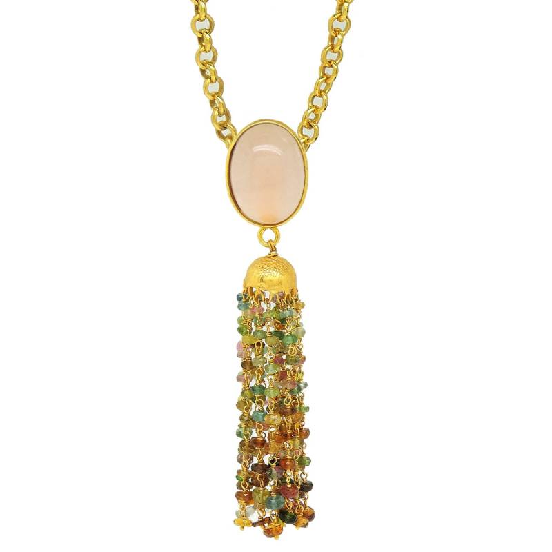 Multi Saphir Anhänger, Silber Vergoldeter Anhänger Mit Kette, Rosenquarz Schmuck, Quaste Kette von JewelryBYJuhi