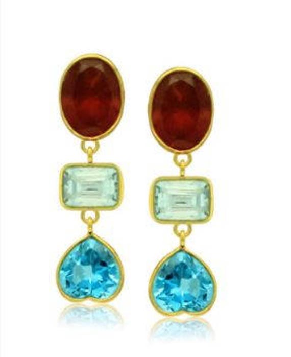 Multistone Ohrringe Blaue Ohrringe, März Geburtsstein, Sterling Topas Aquamarin Natürliche Hessonit von JewelryBYJuhi