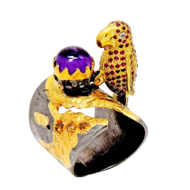 Rubin Amethyst Diamant Gold Akzent Ring in Sterling, Vogel Ring, Tier Schmuck, Einzigartiger von JewelryBYJuhi