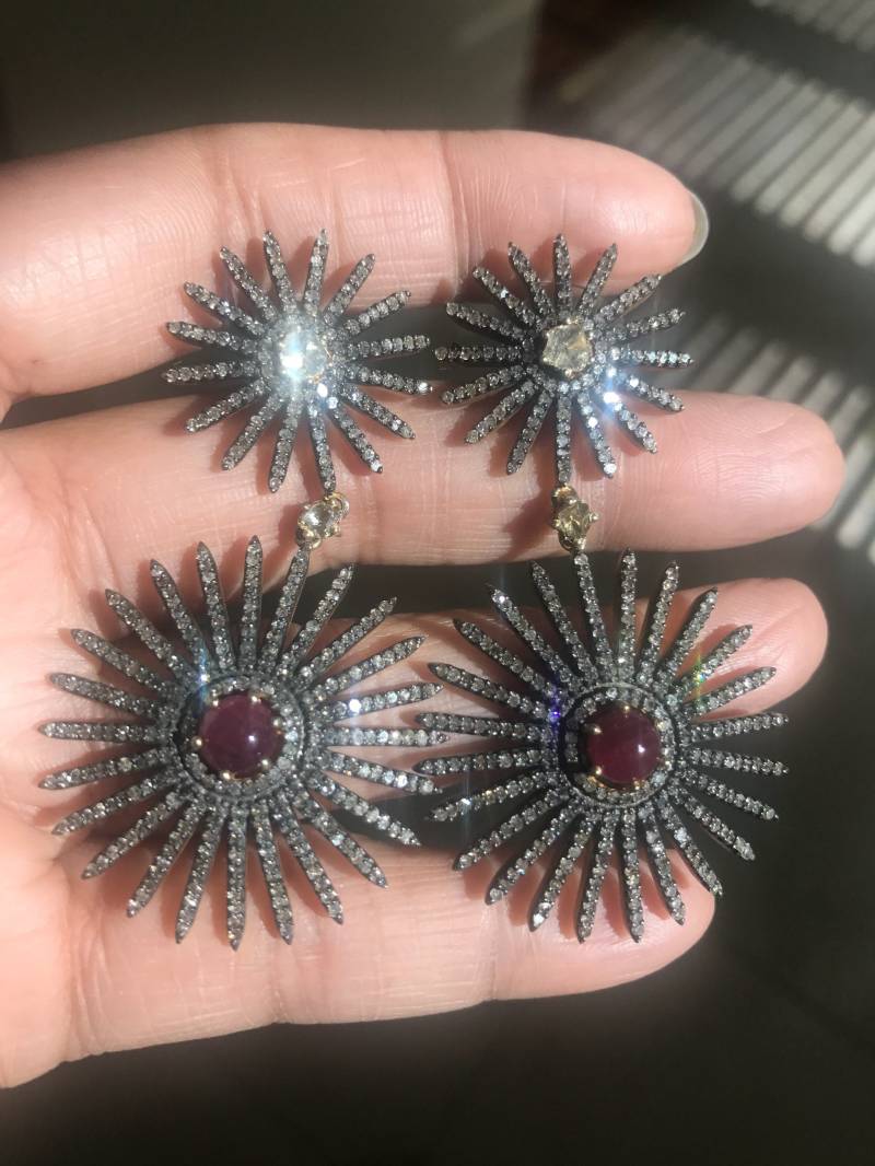 Rubin Diamant Ohrringe, Lange Ohrring Pflastern Oxidiert Silber Gold, Rosecut Diamantohrring, Statement Ohrringe von JewelryBYJuhi