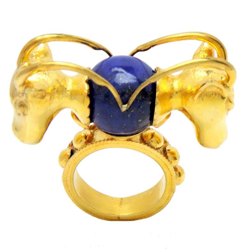Sterling Silber Überzogene Doppel Bull Ring Mit Einzelne Natürliche Lapis Stein, Sternzeichen Statement Ring, Stier, Ochse Schmuck, Geschenk Für Ihn von JewelryBYJuhi