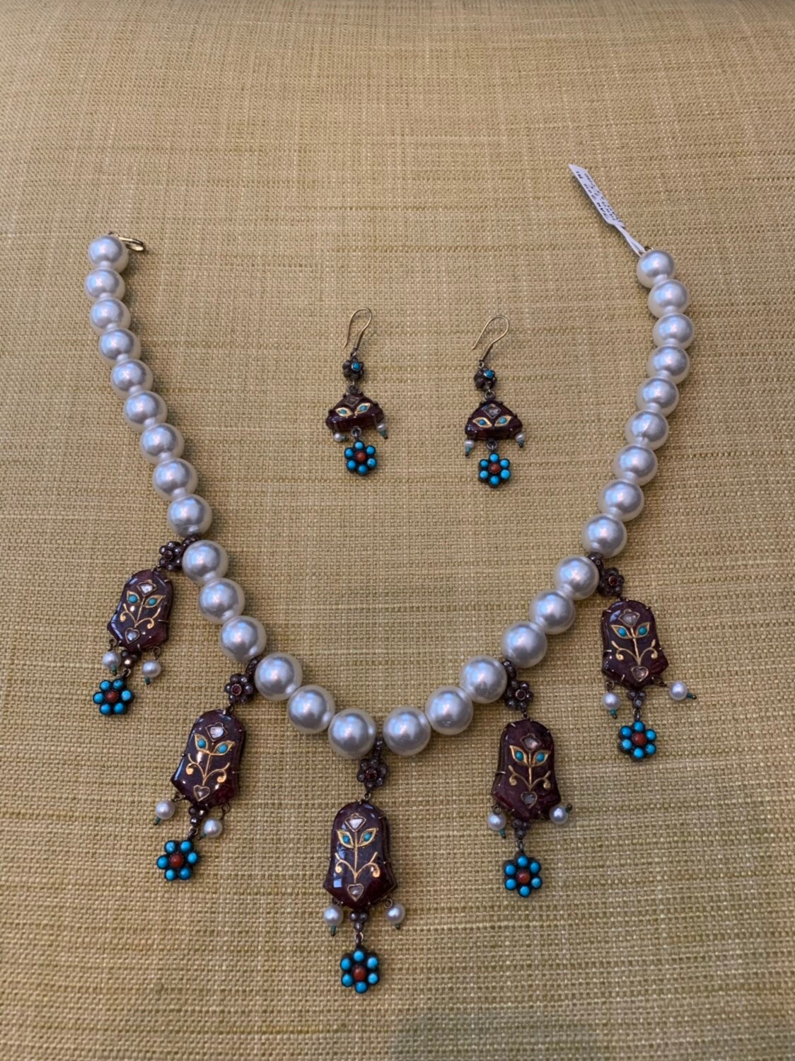 Turmalin Diamant Halskette Ohrringe Set, 22K Gold 14K Und Sterling Silber Türkis Koralle Rosecut Set von JewelryBYJuhi