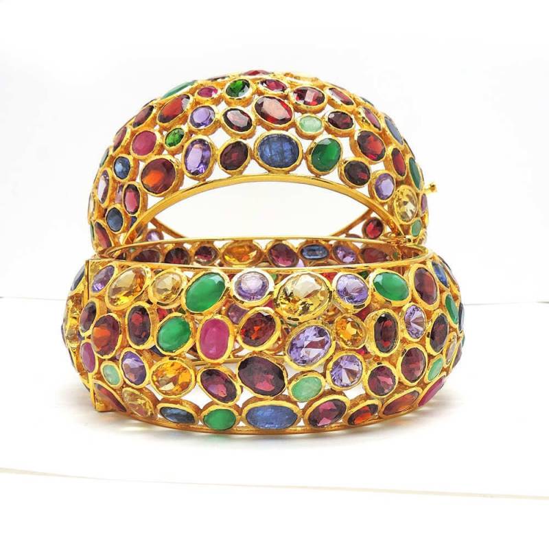 Verkauf Saphir Rubin Smaragd Armspange, Sterling Gold Getauchte Multi-Saphir Multistone Armreif, Citrin Granat Blau von JewelryBYJuhi