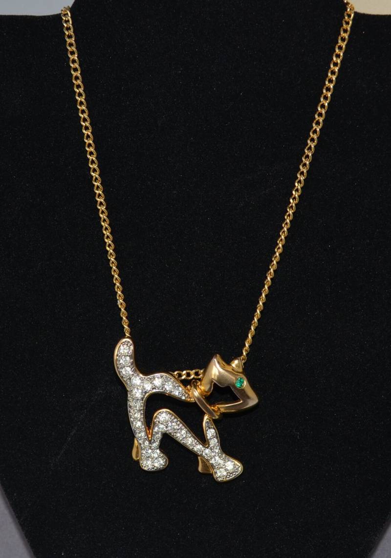 Vintage Halskette Anhänger Gold Strass Katze Vintage Halskette Anhänger Gold Strass Katze von JewelryBoulevard
