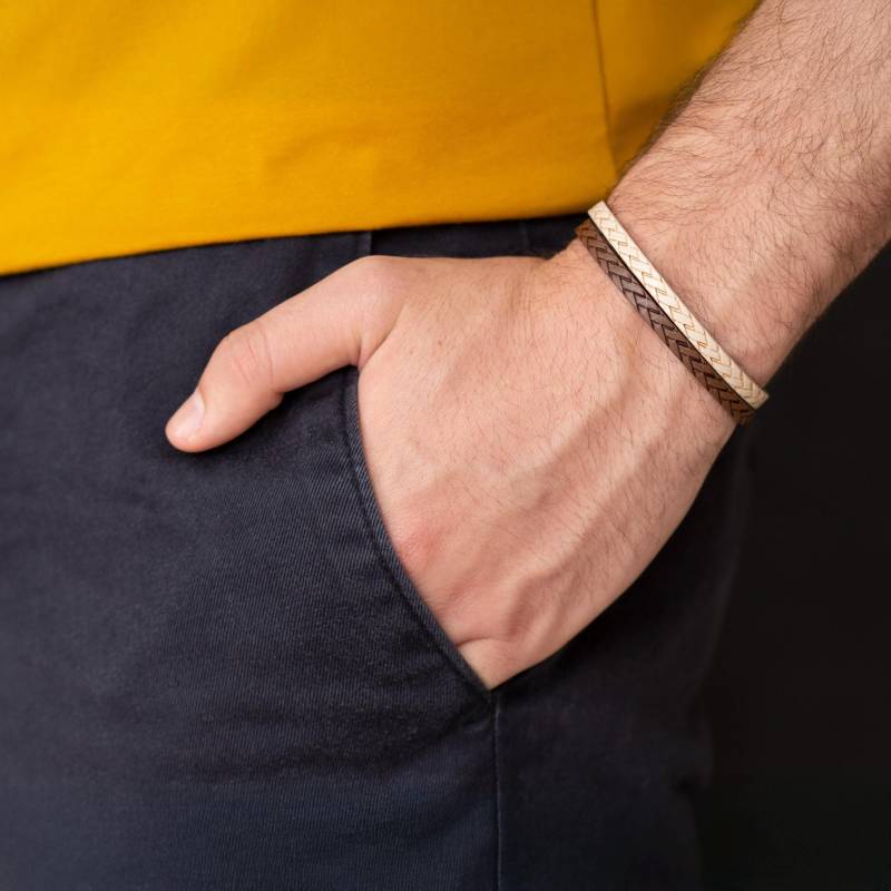 Herren Vegan Armband-Set, Geflochtenes 2-Farben-Armband-Set, Flachmanschette Set, Braun Armband, Beige Modernes Armband-Set von JewelryByMagoo