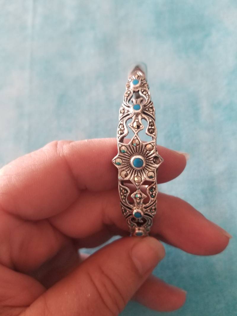Ba029 Armreif in Sterling Mit Markasit Und Türkis Steinen Aus Nachlass Sale Ba029 Armreif in Sterling Mit Markasit Und Türkis Steinen Aus Nachlass Sale von JewelryByMissCarly