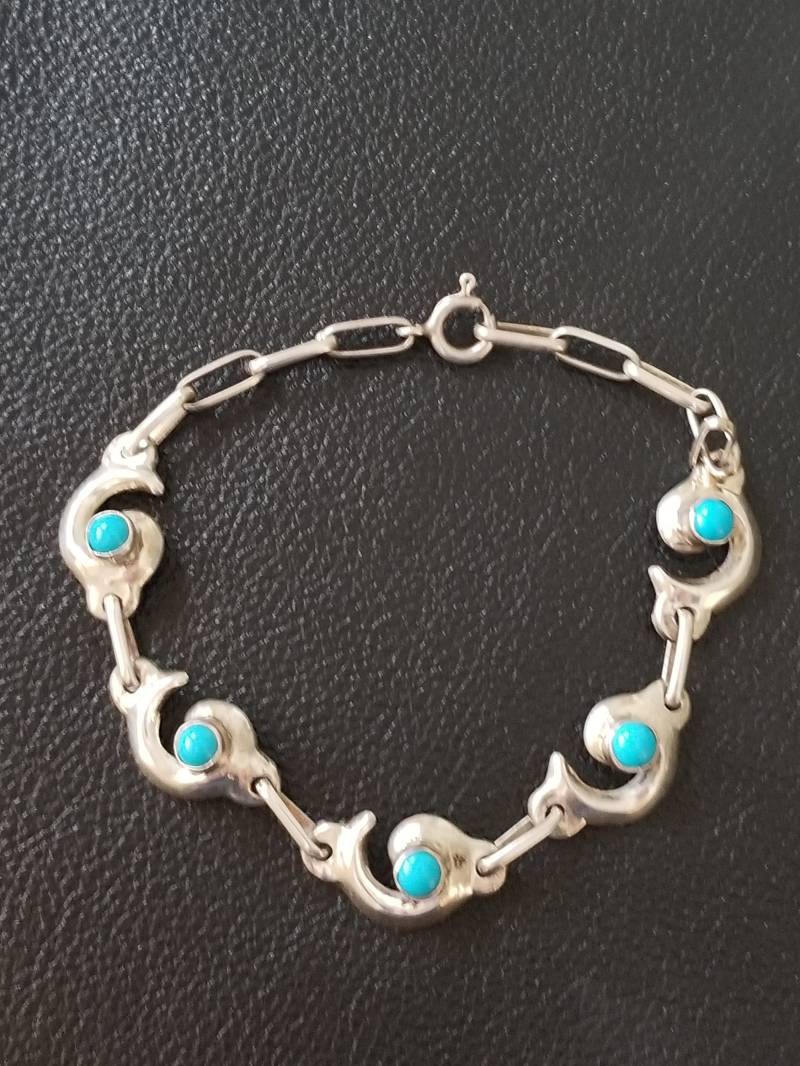 Br136 Southwestern Sterling Silber Armband Mit Blauen Cabochons - Vintage von JewelryByMissCarly