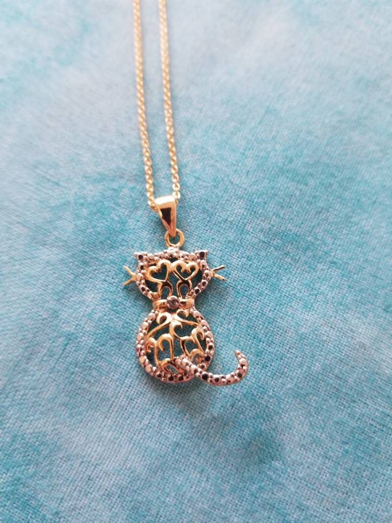 Cp249 Diamant in Katze Vergoldet Sterling Anhänger Und Silber Halskette Cp249 Diamant in Katze Vergoldet Sterling Anhänger Und Silber Halskette von JewelryByMissCarly