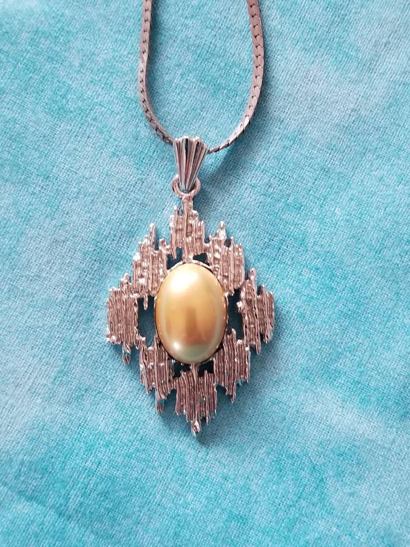 Cp282 Goldene Perle Sterling Silber Anhänger Mit Flach Fischgrät Halskette - Vintage Cp282 Goldene Perle Sterling Silber Anhänger Mit Flach Fischgrät Halskette - Vintage von JewelryByMissCarly