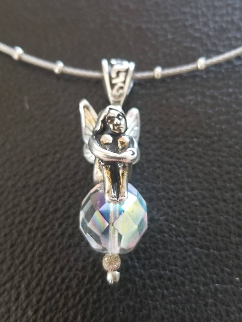 Cp359 Fee Auf Kristallkugel Anhänger in Sterling Silber Mit Draht Halsband Halskette Perlen - Vintage Cp359 Fee Auf Kristallkugel Anhänger in Sterling Silber Mit Draht Halsband Halskette Perlen - Vintage von JewelryByMissCarly