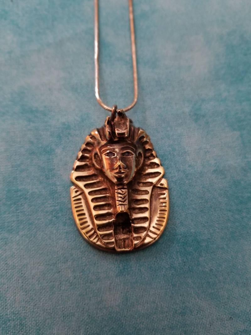 Cp395 Große King Tut Gold Vergoldet Sterling Silber Anhänger Mit Schlange Kette Halskette - Vintage Cp395 Große King Tut Gold Vergoldet Sterling Silber Anhänger Mit Schlange Kette Halskette - Vintage von JewelryByMissCarly