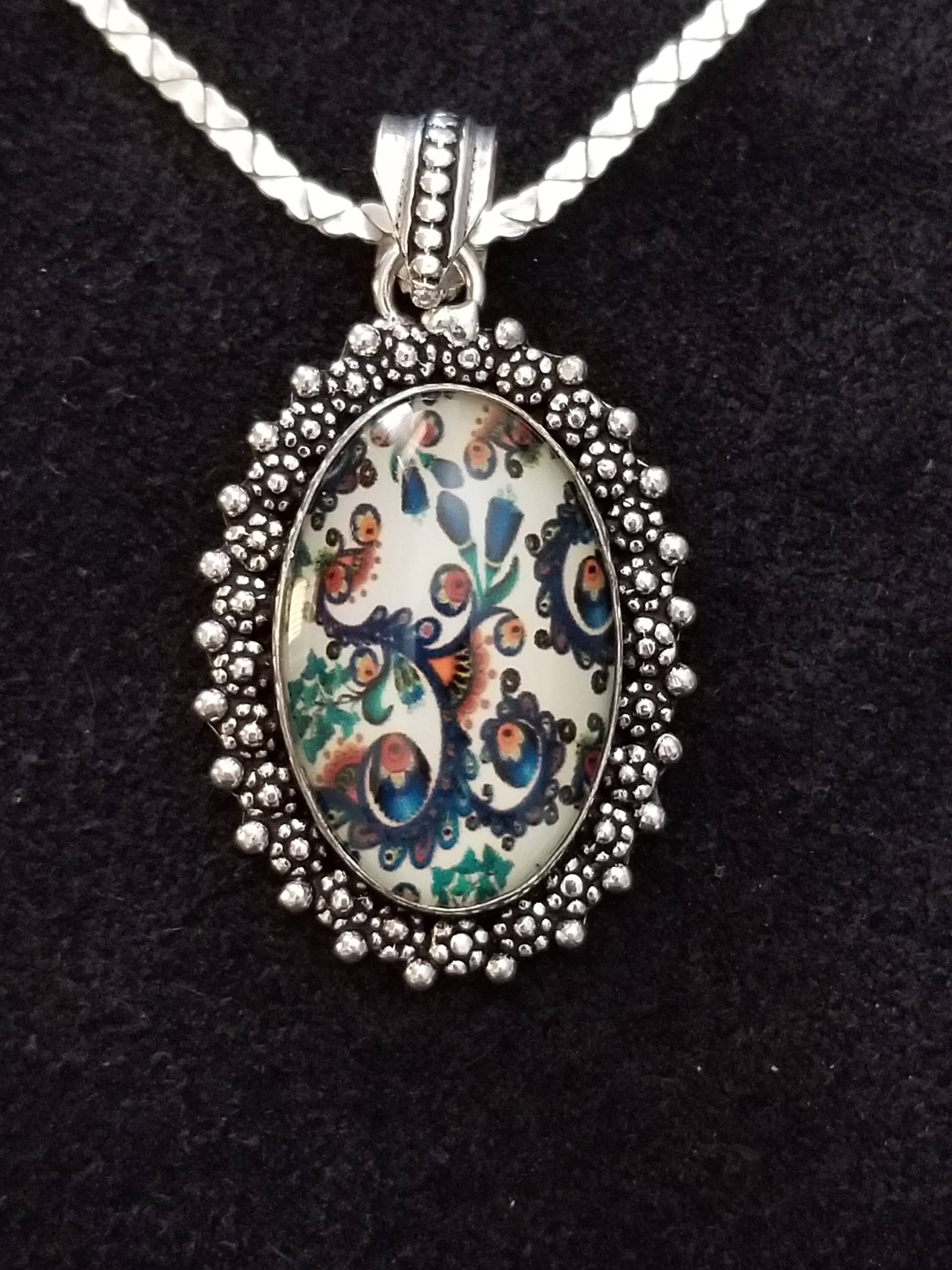 Cp460 Retro Sterling Silber Blume Glas Anhänger Mit Herz Flache Kette Halskette von JewelryByMissCarly