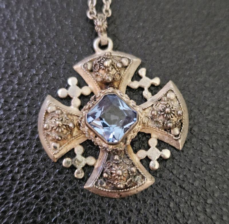 Dp831 Jerusalemkreuz in Sterling Silber Mit Aquamarinstein - Vintage von JewelryByMissCarly